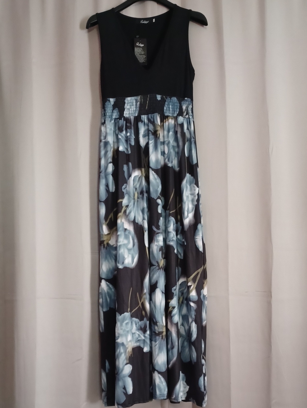 Ruiyige Sleeveless Maxi Dress  Watercolor Blue Floral Smock Waist Stretch New L